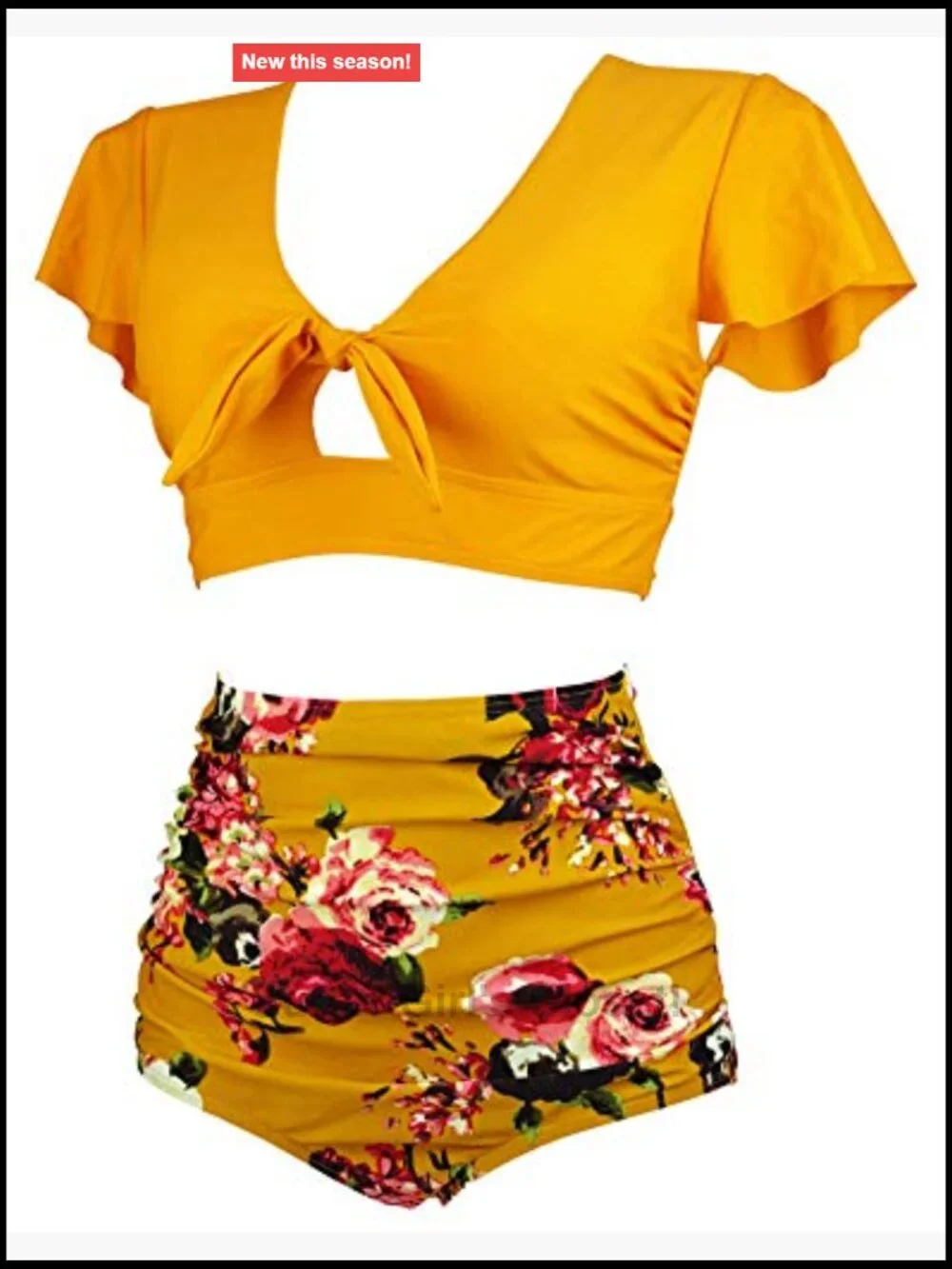 Retro Ruched High Waist Two Piece Bikini Set Tie Knot Front Sport Bath Swimsuit